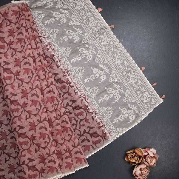 Semi Linen Rosewod Pink Floral Printed Saree