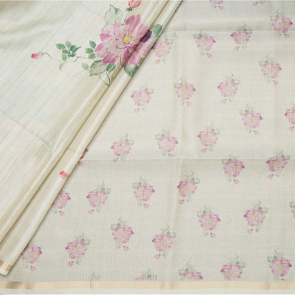 Raw Silk Pista Green Floral Printed Saree With Ribbon Border