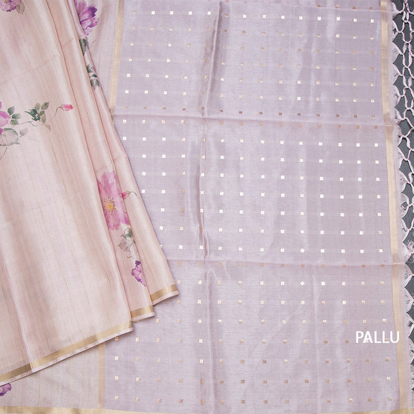 Raw Silk Onion Pink Floral Printed Saree With Ribbon Border