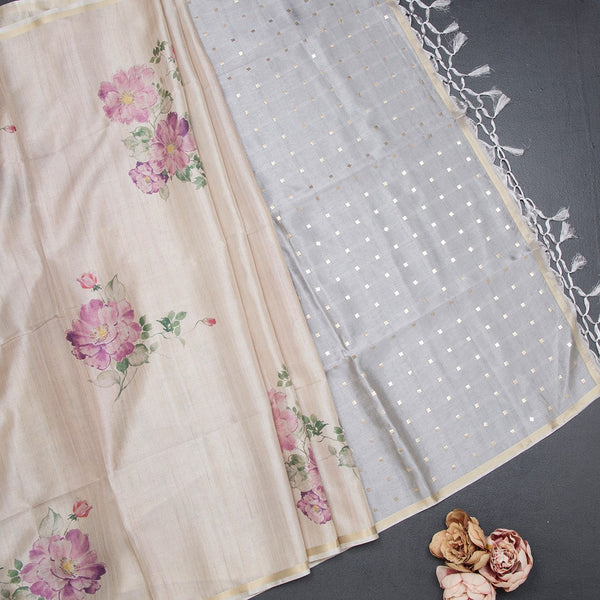 Raw Silk Cream Floral Printed Saree With Ribbon Border