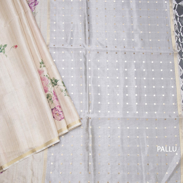 Raw Silk Cream Floral Printed Saree With Ribbon Border