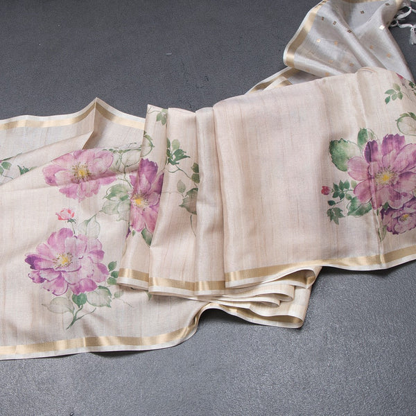 Raw Silk Cream Floral Printed Saree With Ribbon Border