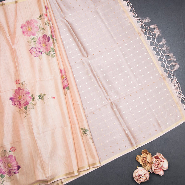 Raw Silk Peach Floral Printed Saree With Ribbon Border