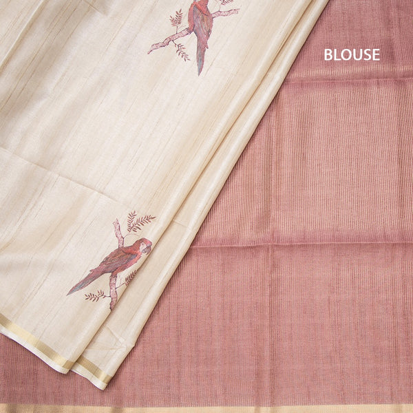 Raw Silk Cream Floral Printed Saree With Ribbon Border 03