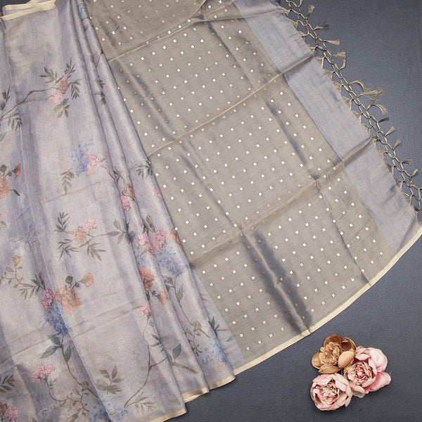 Raw Silk Grey Printed Saree With Ribbon Border