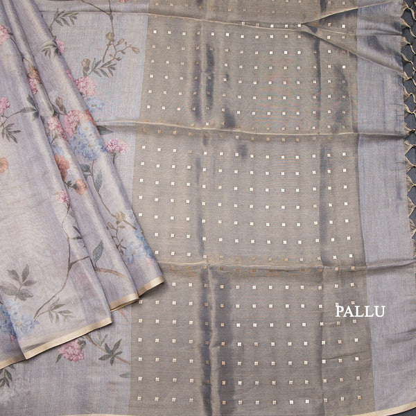 Raw Silk Grey Printed Saree With Ribbon Border
