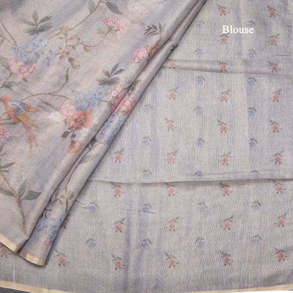 Raw Silk Grey Printed Saree With Ribbon Border