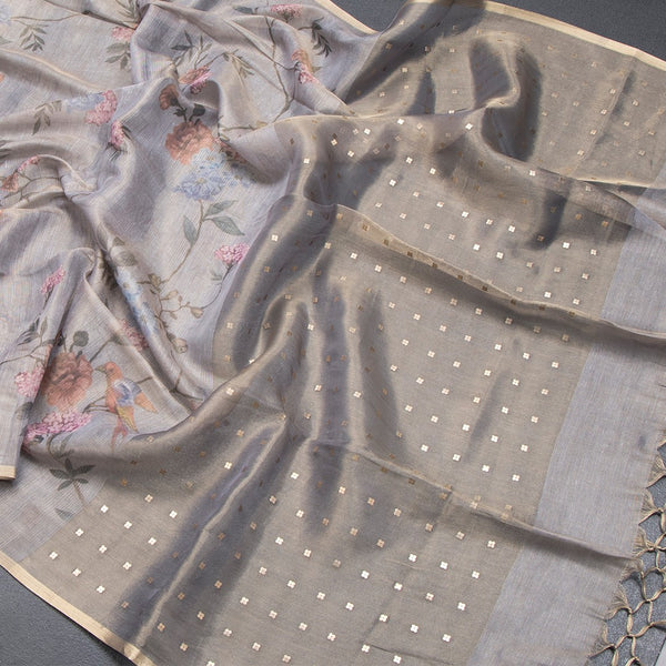 Raw Silk Grey Printed Saree With Ribbon Border