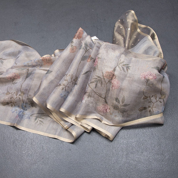 Raw Silk Grey Printed Saree With Ribbon Border