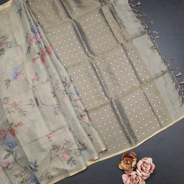 Raw Silk Olive Green Printed Saree With Ribbon Border