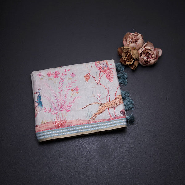 Raw Silk Cream Printed With Sequence Work Saree