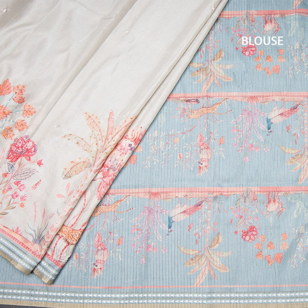 Raw Silk Cream Printed With Sequence Work Saree