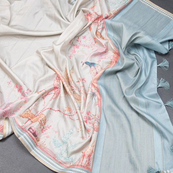 Raw Silk Cream Printed With Sequence Work Saree