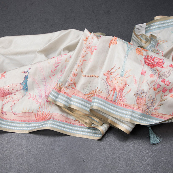 Raw Silk Cream Printed With Sequence Work Saree