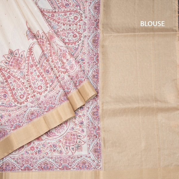 Katan Silk Cream Printed With Sequence Work Saree 02