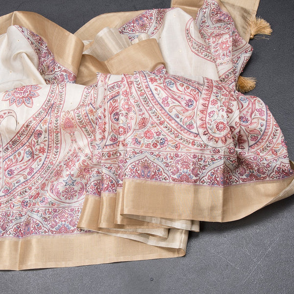 Katan Silk Cream Printed With Sequence Work Saree 02