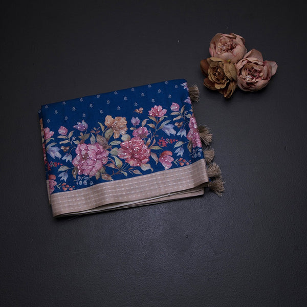Katan Silk Dark Blue Floral Printed With Sequence Work Saree And Thread Border