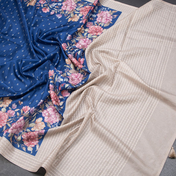 Katan Silk Dark Blue Floral Printed With Sequence Work Saree And Thread Border