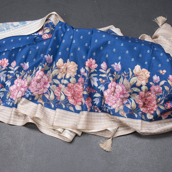 Katan Silk Dark Blue Floral Printed With Sequence Work Saree And Thread Border