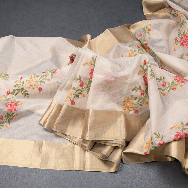 Tissue Kota Gold Thread Embroidered Saree With Zari Border
