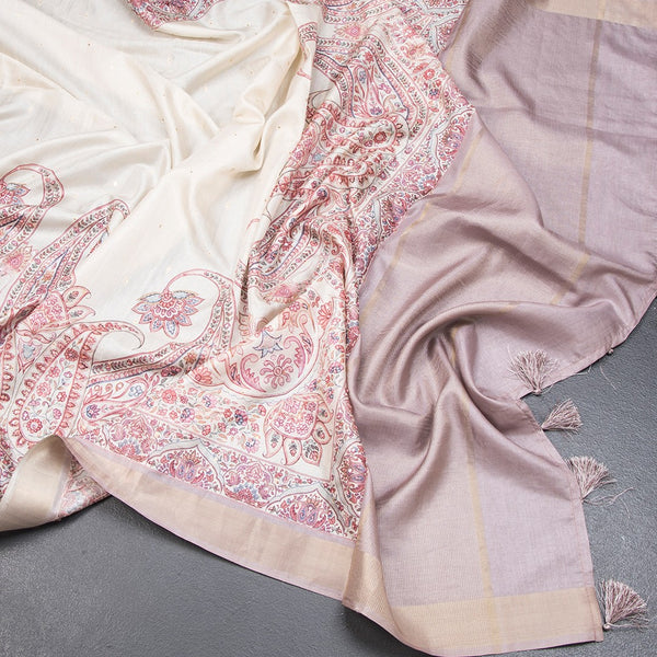 Katan Silk Cream Printed With Sequence Work Saree 03