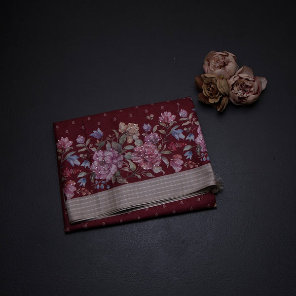 Katan Silk Maroon Floral Printed With Sequence Work Saree And Thread Border