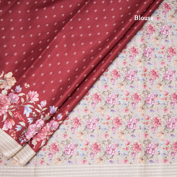 Katan Silk Maroon Floral Printed With Sequence Work Saree And Thread Border