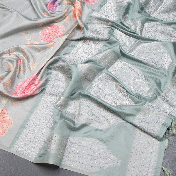 Raw Silk Pista Green Zari stripes Saree And Printed Sequence Work