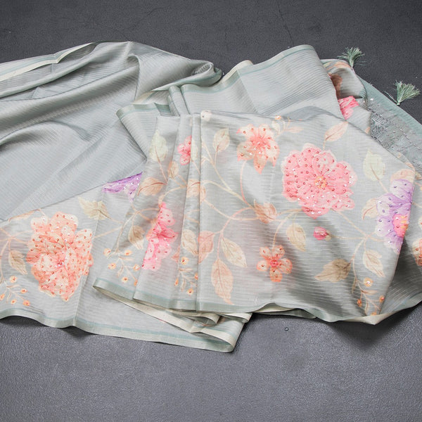 Raw Silk Pista Green Zari stripes Saree And Printed Sequence Work