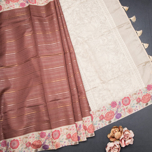 Raw Silk Cinnamon Brown Zari Stripes Saree With Printed Border