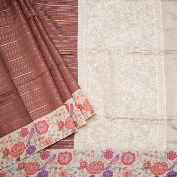 Raw Silk Cinnamon Brown Zari Stripes Saree With Printed Border