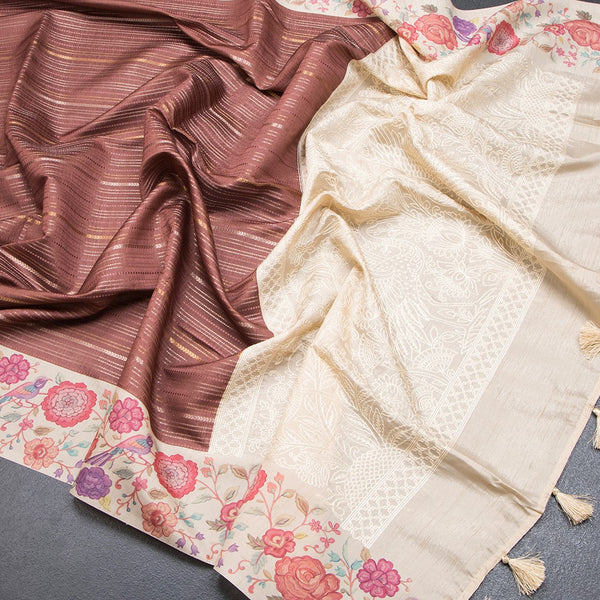 Raw Silk Cinnamon Brown Zari Stripes Saree With Printed Border