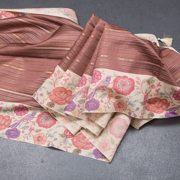 Raw Silk Cinnamon Brown Zari Stripes Saree With Printed Border