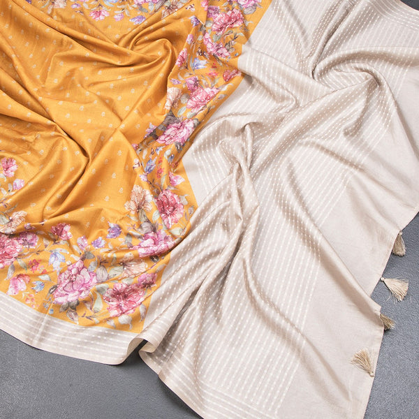 Katan Silk Mango Yellow Floral Printed With Sequence Work Saree And Thread Border