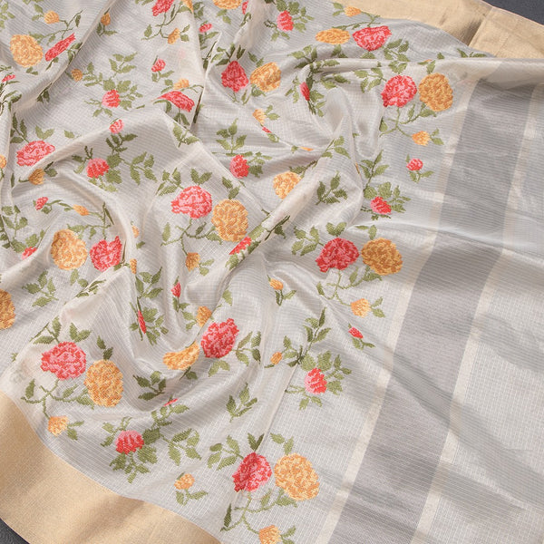 Tissue Kota Cream Thread Embroidered Saree With Zari Border