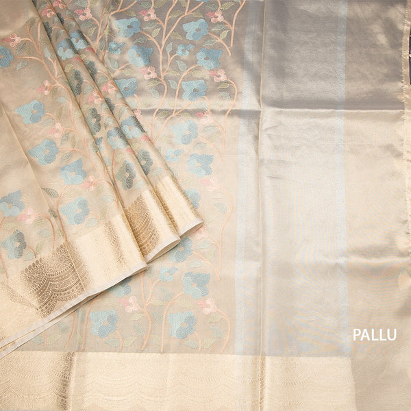 Tissue Gold Floral Thread Embroidered With Zari Border