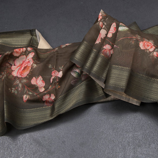 Semi Linen Olive Green Floral Printed Saree With Zari Border