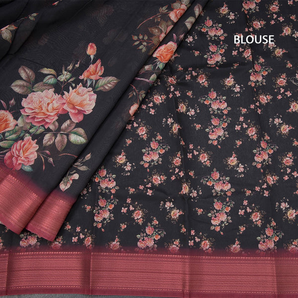 Semi Linen Black Floral Printed Saree With Zari Border