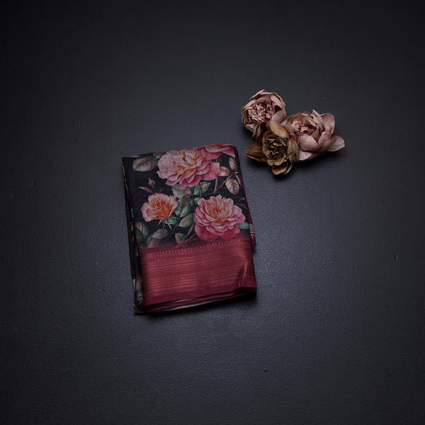 Semi Linen Black Floral Printed Saree With Zari Border