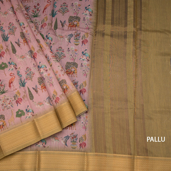 Semi Linen Light Pink Printed Saree With Zari Border