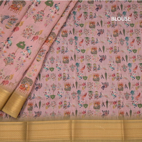 Semi Linen Light Pink Printed Saree With Zari Border