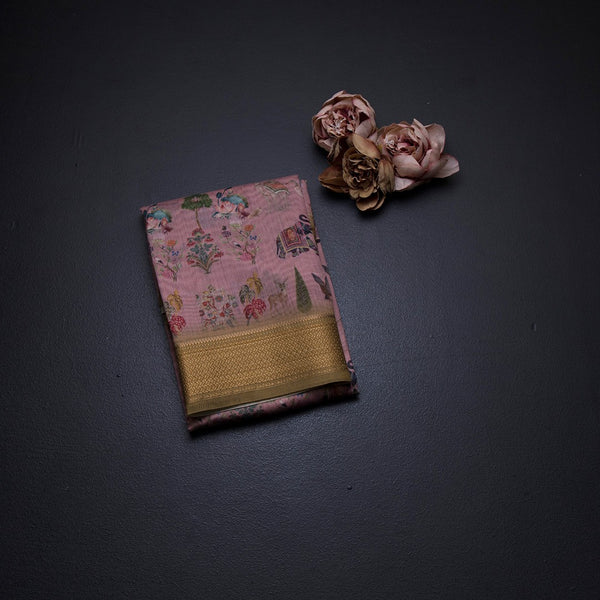 Semi Linen Light Pink Printed Saree With Zari Border