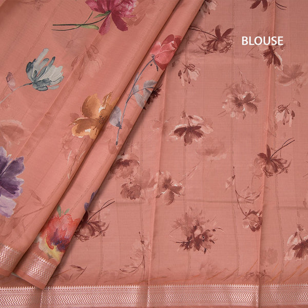 Semi Raw Silk Light Brick Red Floral Printed Saree With Zari Border