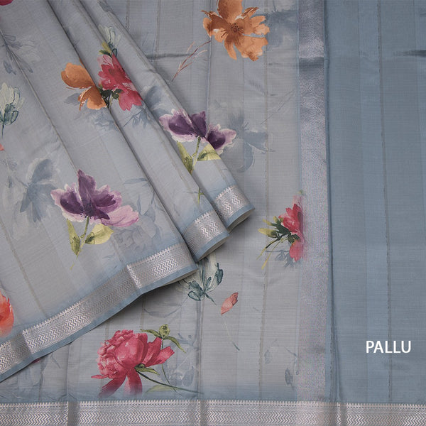 Semi Raw Silk Grey Floral Printed Saree With Zari Border