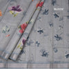 Semi Raw Silk Grey Floral Printed Saree With Zari Border