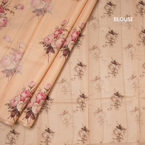 Semi Raw Silk Pastel Orange Floral Printed Borderless Saree