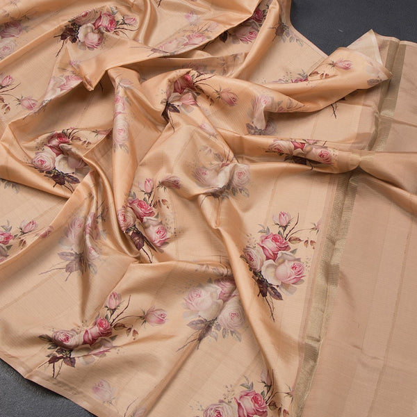 Semi Raw Silk Pastel Orange Floral Printed Borderless Saree