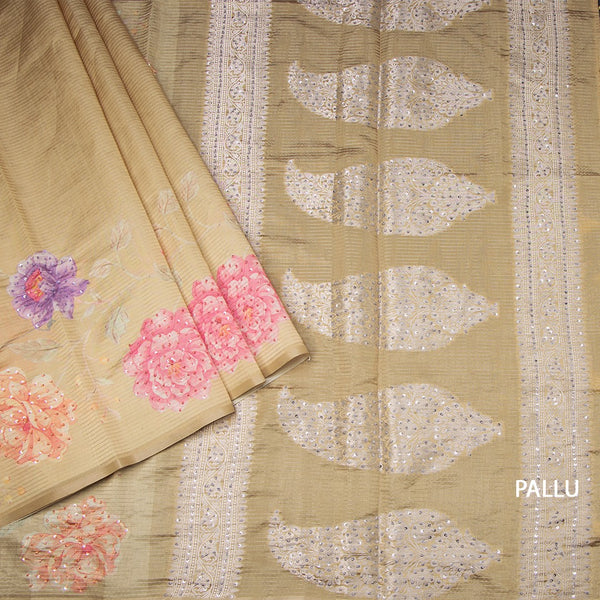 Raw Silk Sandal Zari stripes Saree And Printed Sequence Work