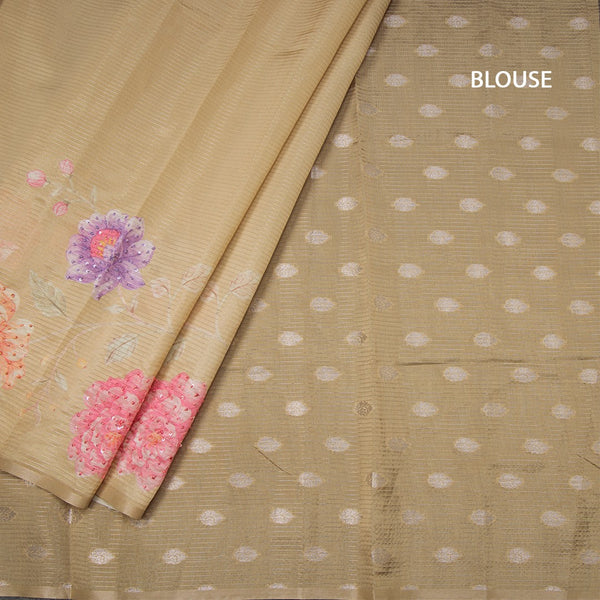 Raw Silk Sandal Zari stripes Saree And Printed Sequence Work