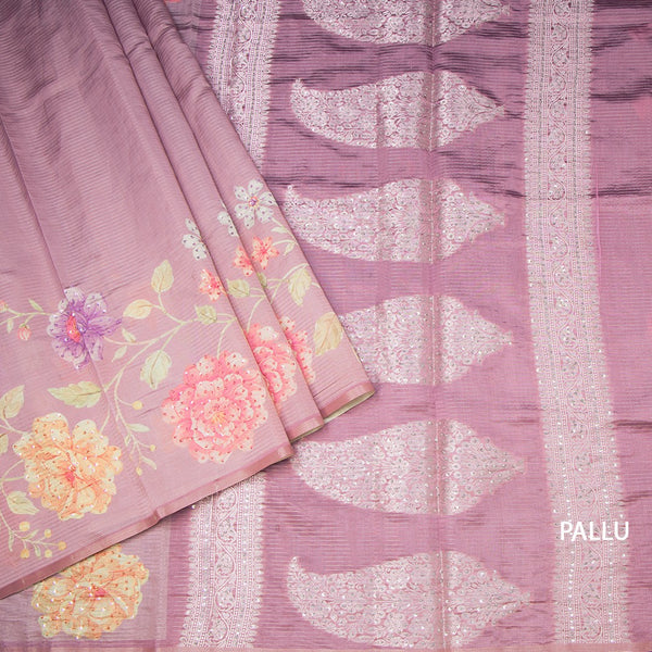 Raw Silk Onion Pink Zari stripes Saree And Printed Sequence Work